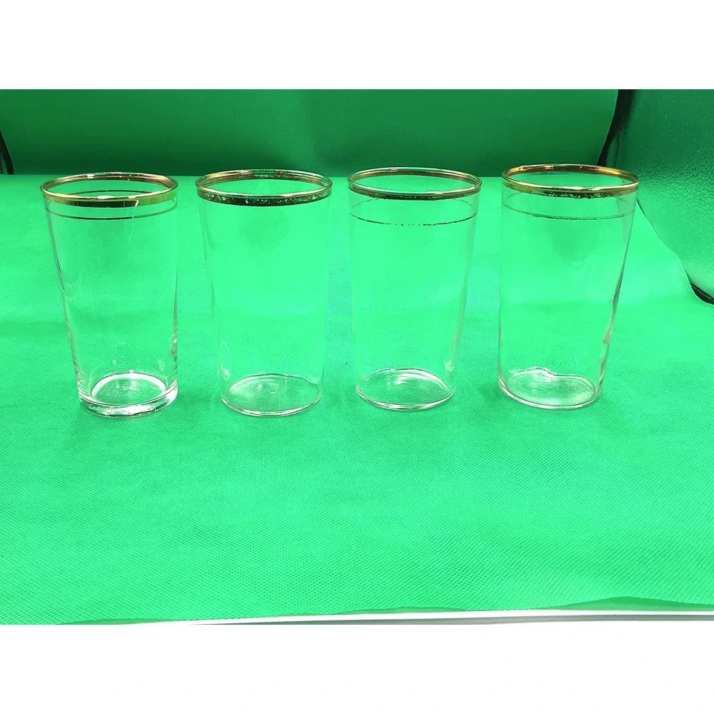 Vintage 1930s Gold‐Gilded Rim Juice Glasses – Set of 4 – Clear Glass with Gold B